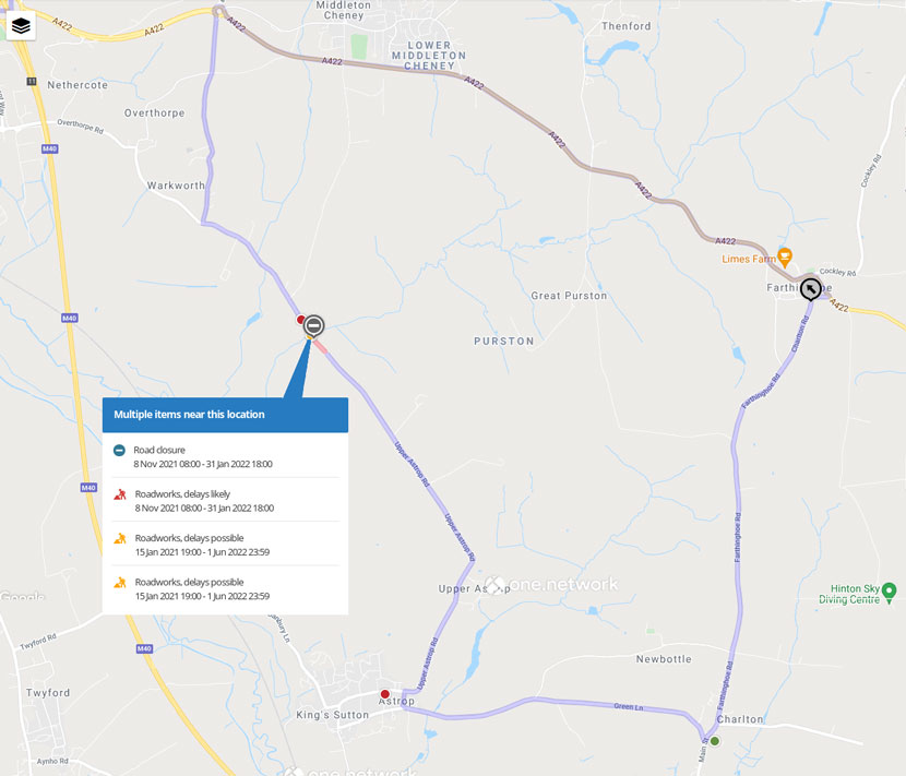 Map showing road closure details and diversion route
